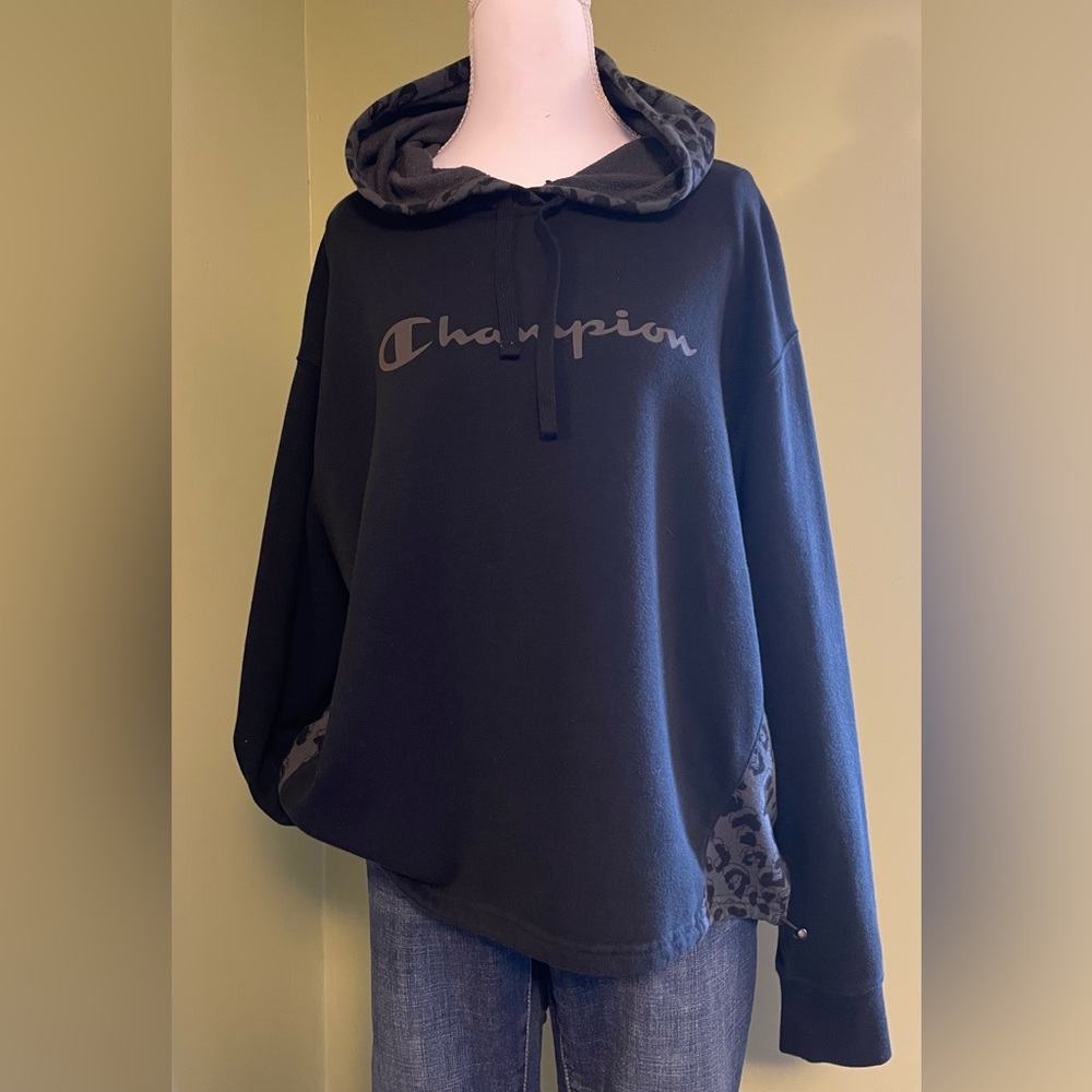 Women’s Champion Black Hoodie with Tonal Logo and Leopard Print Details